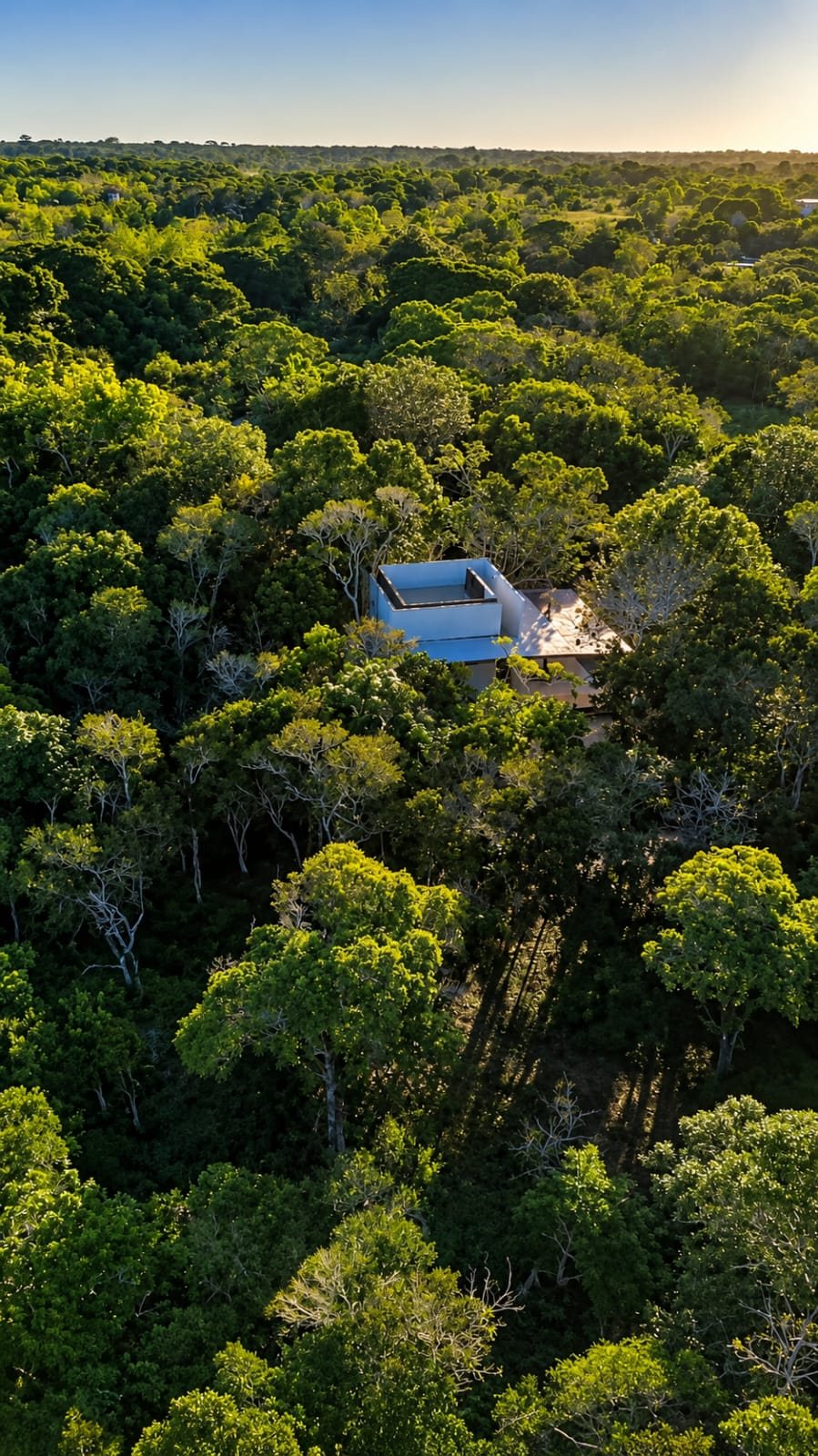 Vista aérea do Bangalô Raízes em meio à mata nativa de Arraial d'Ajuda